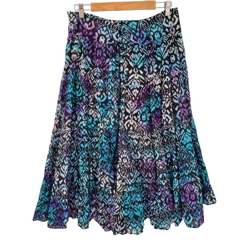 Womens‎ Tie Dye BOHO Hippie Fit & Flare Maxi Skirt Sz 8 Tiered Ruffle Raw Hem